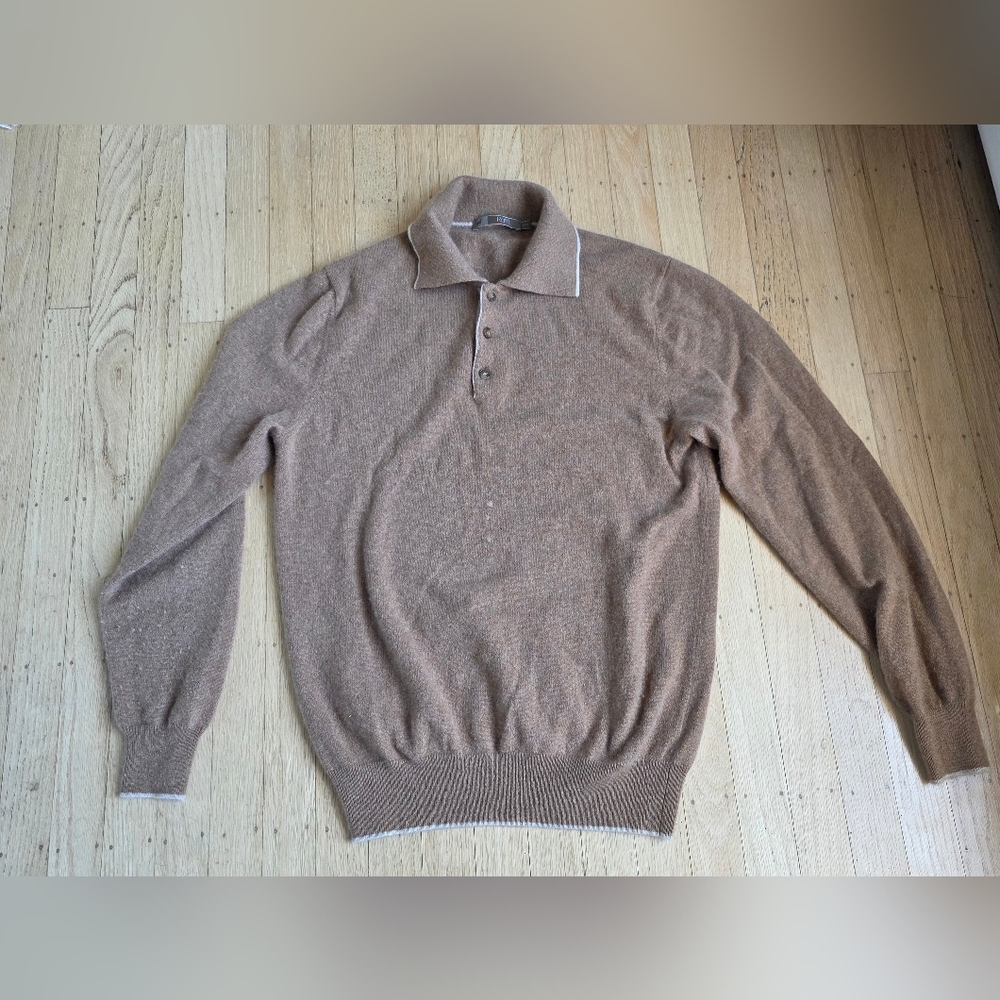 Raffi 100% Cashmere Tan & White Pull Over 3/4 Button Collared Sweater Size M